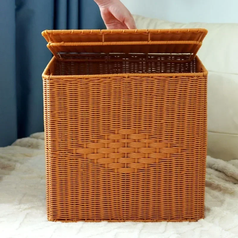 Imitation rattan rectangular covered storage box, dust-proof wardrobe storage box, living room book and toy storage basket,