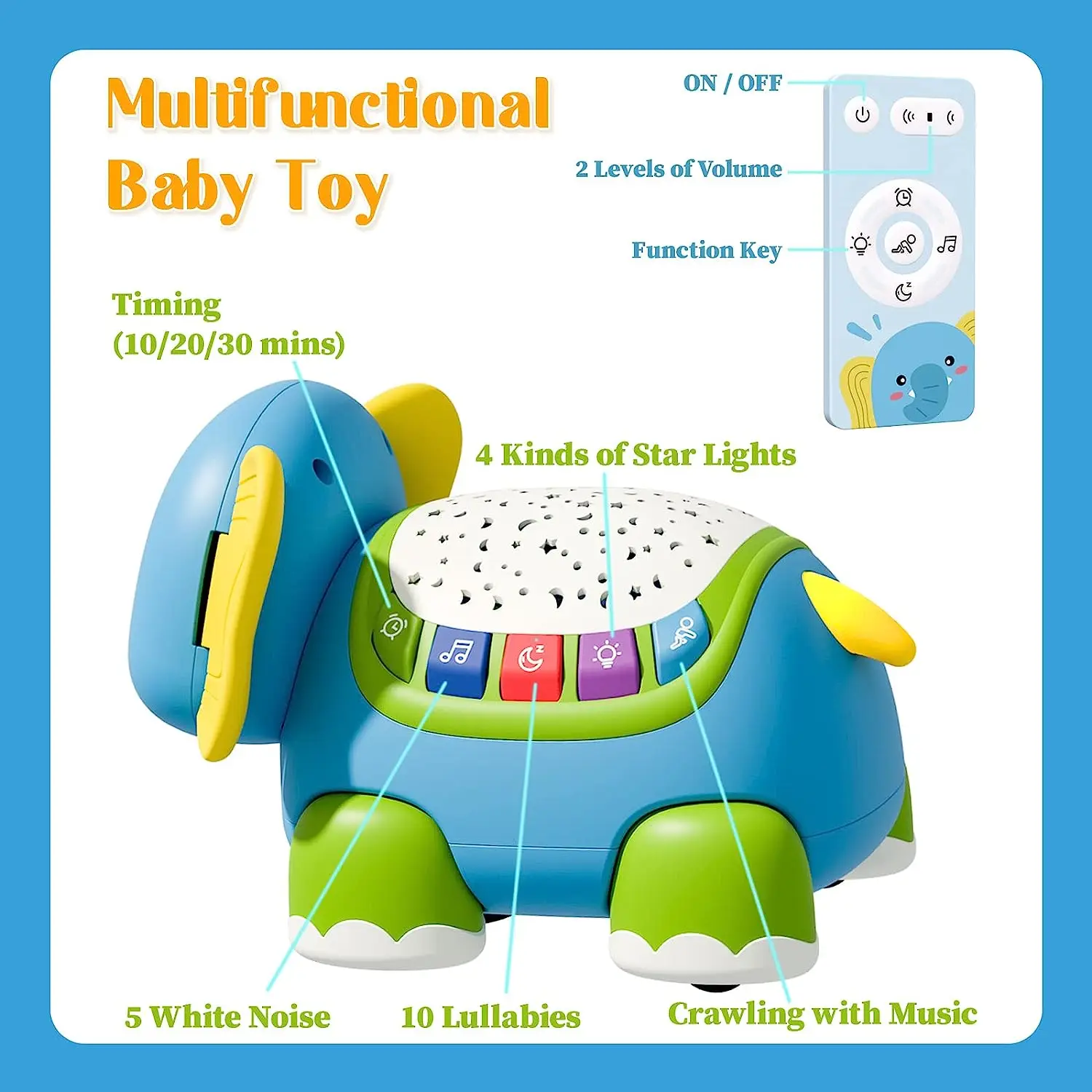 Baby Crawling Toys 6 to 12 Months Musical Elephant Light Up Toys Infant Toys Baby Toys Star Projector Birthday Gifts for Toddler