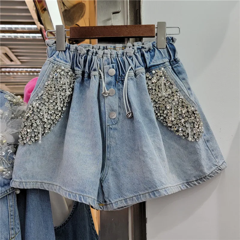 2023 Spring Summer New Exquisite Rhinestone Beaded Wide-Leg Denim Shorts Women's Elastic High Waist Slimming Loose Casual Shorts