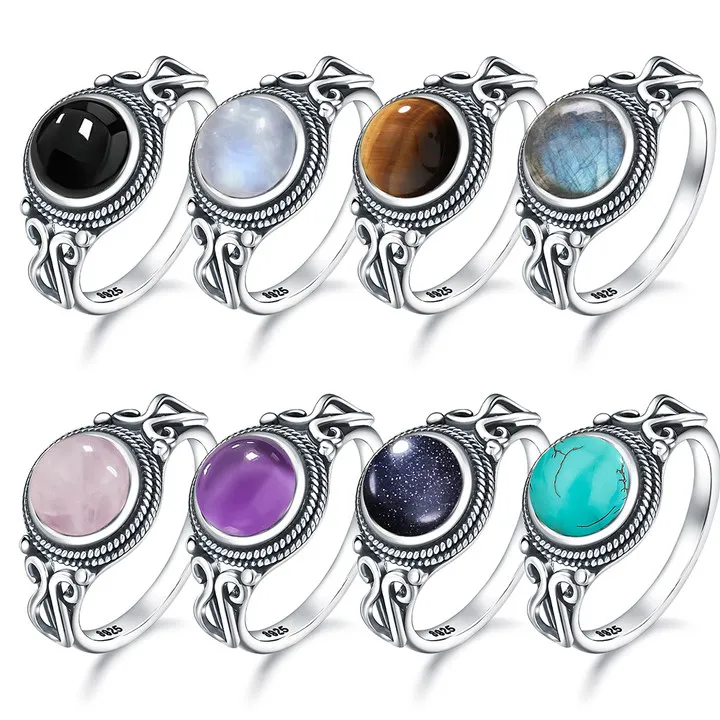 Bague Vintage en argent Sterling 925 avec pierre de Labradorite naturelle, forme ronde de 8MM, pierre précieuse à lumière forte, cadeaux pour femmes et hommes