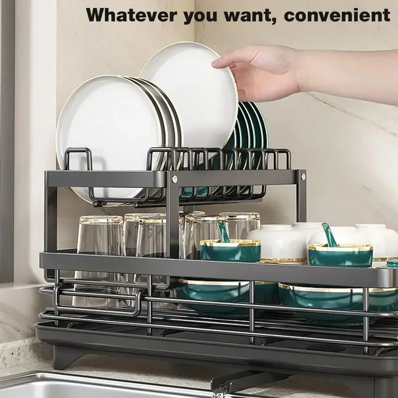 Tier Dish Bowl Drainer Storage Rack Kitchen Dish Drying Rack with Drain Basket Countertop Tableware Organizer Drainboard