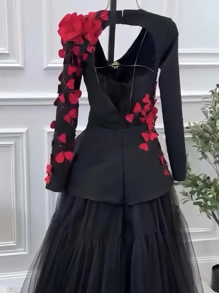 ที่กําหนดเองชุดราตรีพรหม Dearin V คอ A-Line ความยาวชั้นเปิดกลับกระโปรง Layered Draped Tulle Applique ดอกไม้ Bespoke