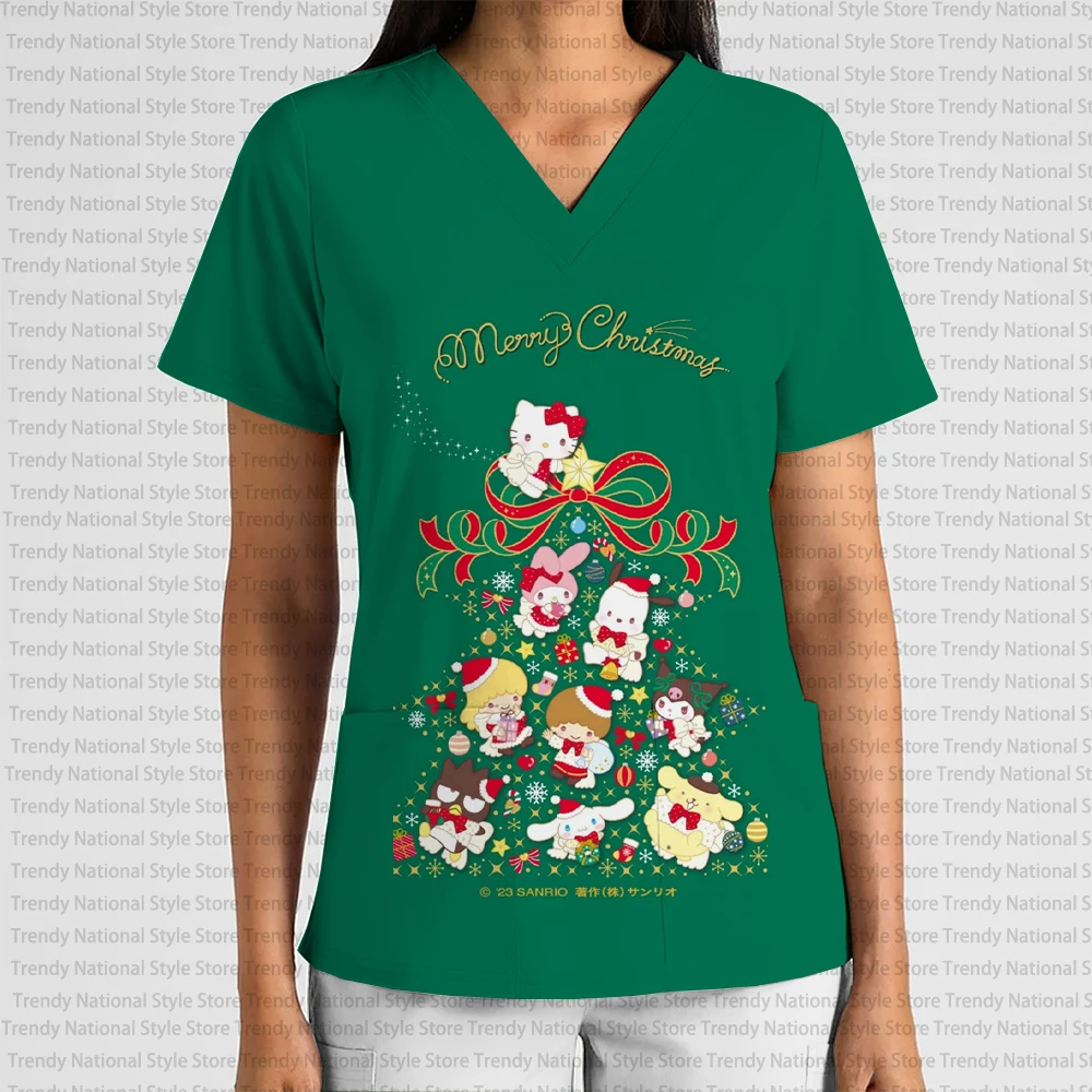 Nieuwe Zomer vrouwen Verpleegster Uniform V-hals Print Scrub Top Kerst Hello Kitty Dental Spa Dierenwinkel vrouwen T-shirt