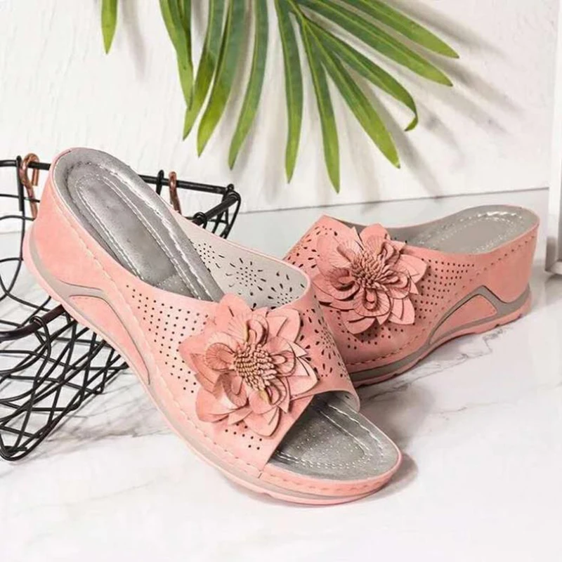 Suede Leather Soft Footbed Orthopedic Arch-Support Sandals For Women Flower Hollow Design Summer Beach Shoes Female Wedges Shoe