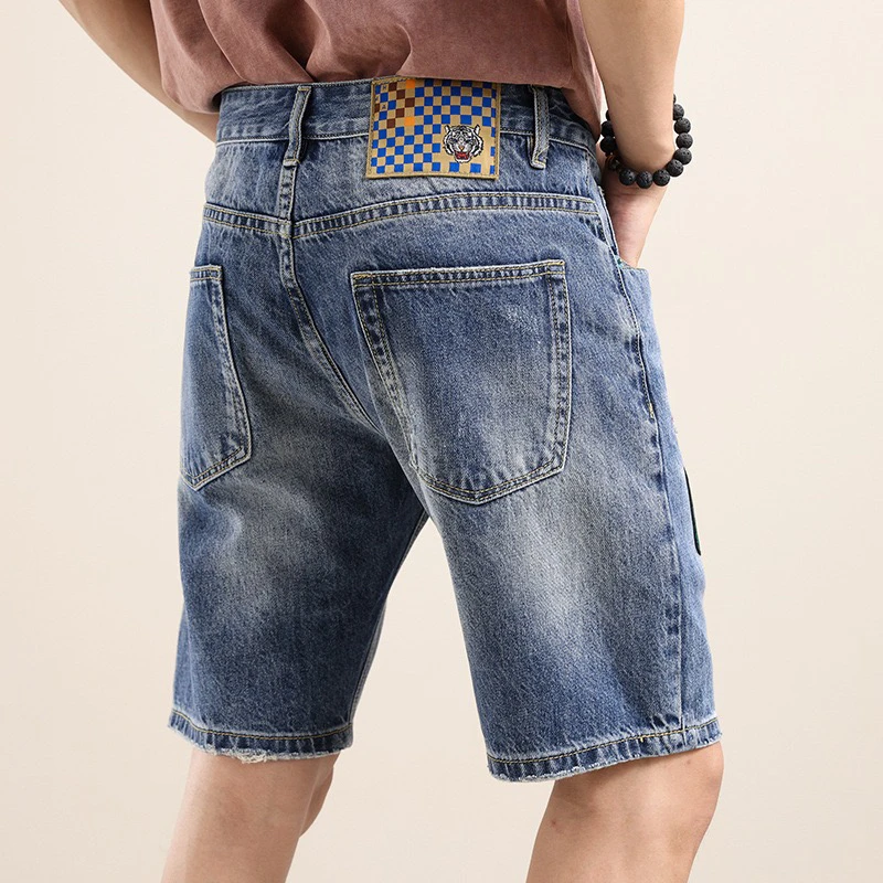 EH·MD® Leather Micro Chapter Embroidered Denim Shorts Men's Summer Light Blue Letter Decoration Cotton Slim Pants Trend High End