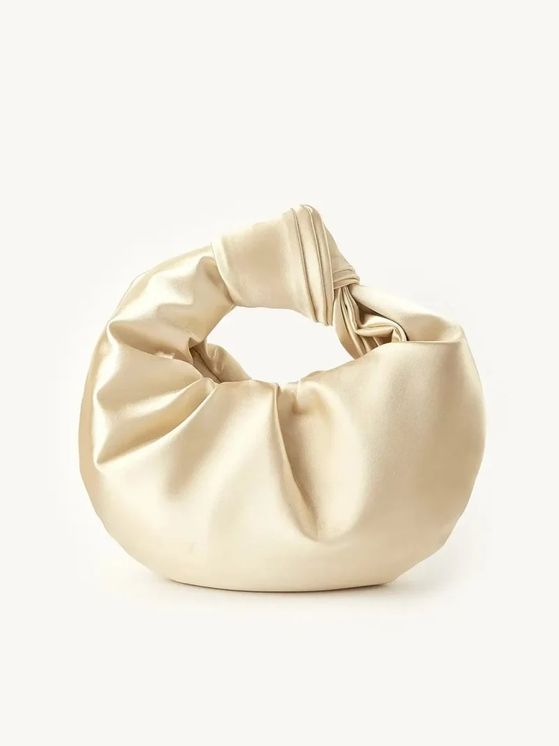 

Fashion Solid Color Trend Tote Handbag Round Circular Purse Satin Cloud Bag Knotted Hand-held for Lady Wedding Banquet Purse