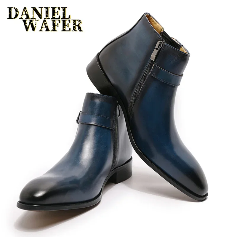 Bottines italiennes classiques en cuir véritable pour hommes, chaussures habillées montantes avec fermeture éclair et boucle, chaussures formelles pour hommes, bottes de base bleues