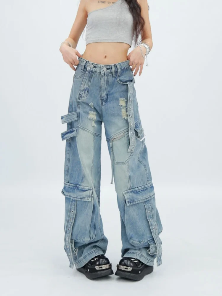 2025 Amerikaanse retro Y2K streetwear gewassen blauwe baggy gescheurde cargo jeans broek voor dameskleding wijde pijpen dame denim broek