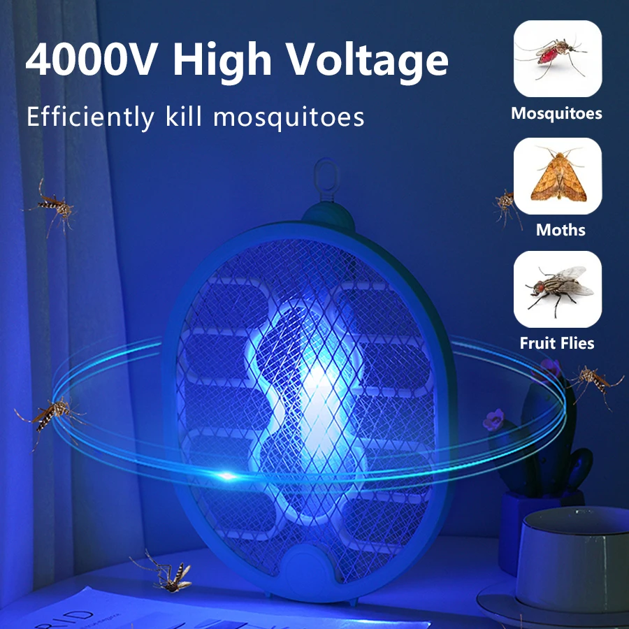 Electric Fly Swatter Racket 2 in 1 Smart Bug Zapper with USB Rechargeable Base Powerful Mosquitoes Trap Lamp Fly Killer