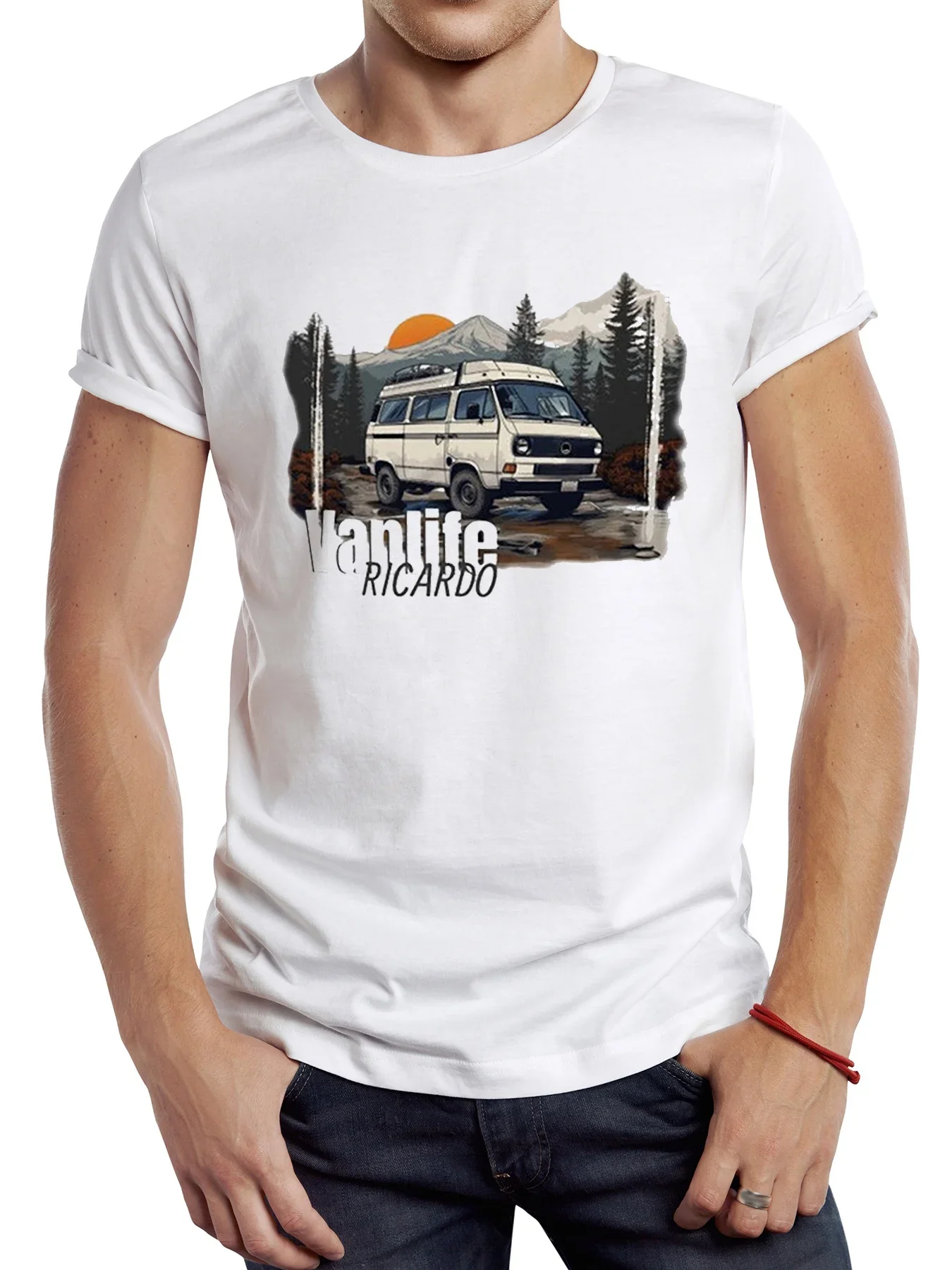 

Sapextee Vintage Mountain Camper Van Men T Shirt Casual Vanlife Male Tops Hipster Retro Camping Bus Printed Tee
