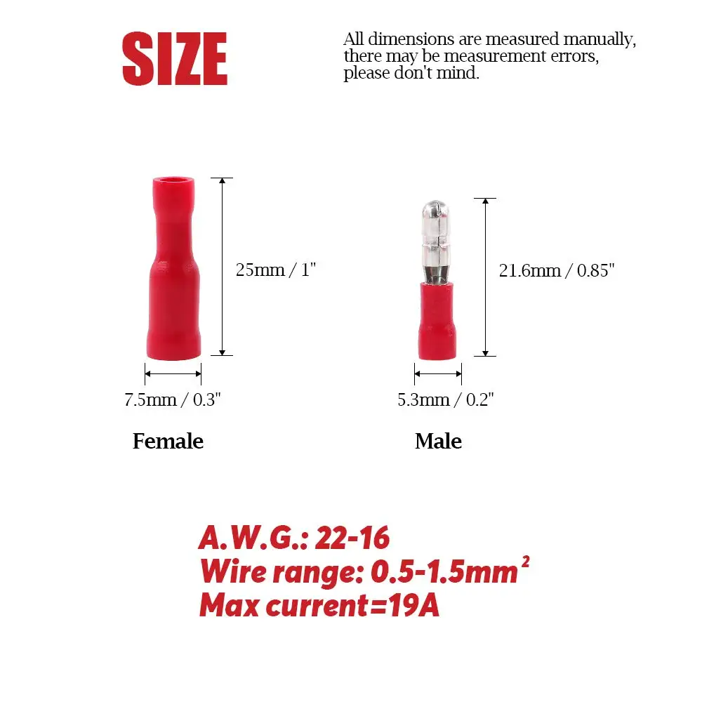 50Pairs Insulated Male Female Bullet Quick Splice Wire Terminals Wire Crimp Connectors