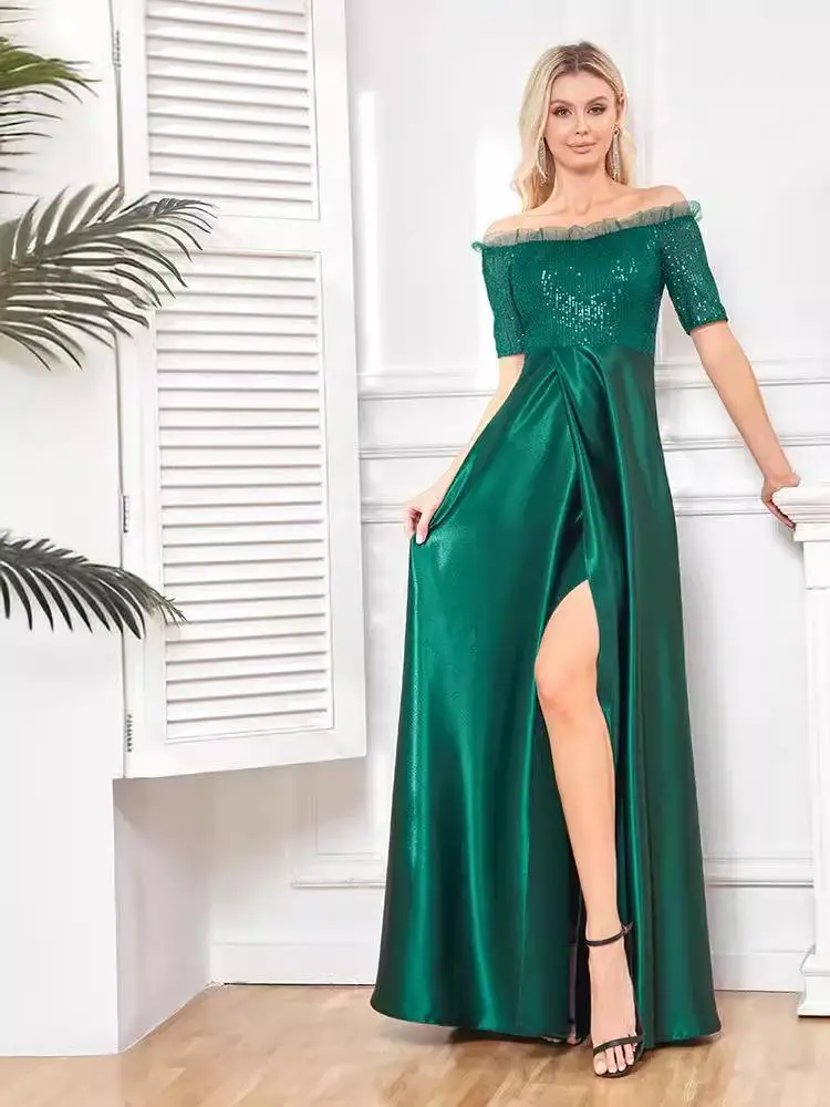 

iny с блестками на плечах Bared Fi Tail Evening Dr Silk Satin ort Sve Женское платье Dr Par с низкой талией круглый Ne