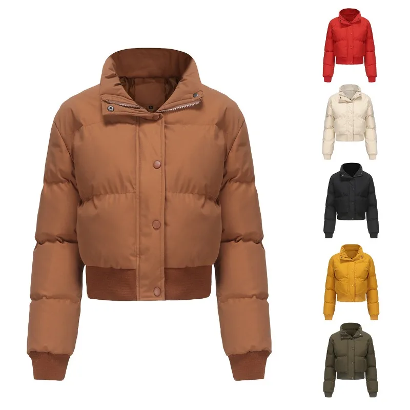 2026 Fashion Super-short Cotton-padded Jacket Women's Autumn Winter Stand-collar Coat Thicken Warm Parkas High-waisted Outerwear