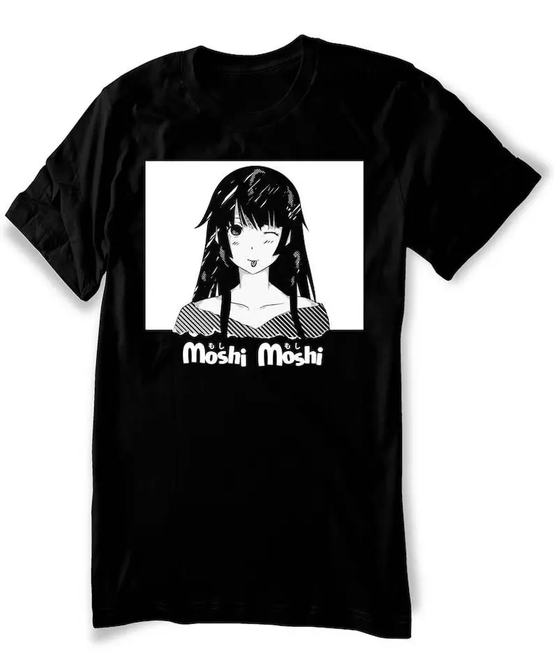 

Anime T-Shirt Kawaii anime girl T-shirt Manga aesthetics shirt Moshi Moshi- Men - Women sizes - Hand Screenprinted