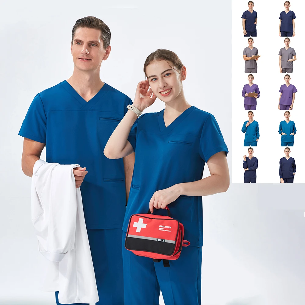 Stretch Medical Uniforms Enfermera Clinical Clothes Scrubs Set for Women Men Workwear Top Pant Dentist Work Suits 9505-02