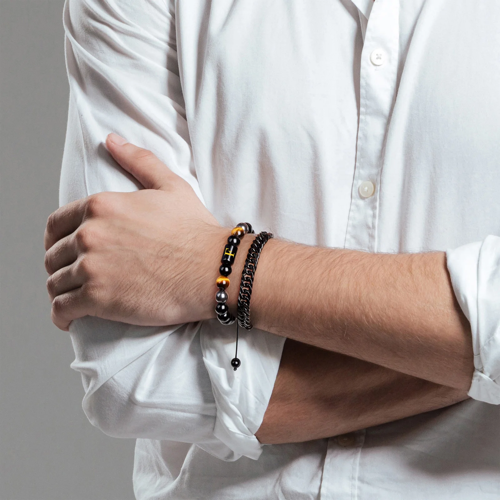 2 قطعة/المجموعة 26 حرف الحجر الطبيعي الرجال أساور عين النمر الهيماتيت سوار الطاقة الأسود التيتانيوم الصلب سوار الإسورة مجوهرات #4