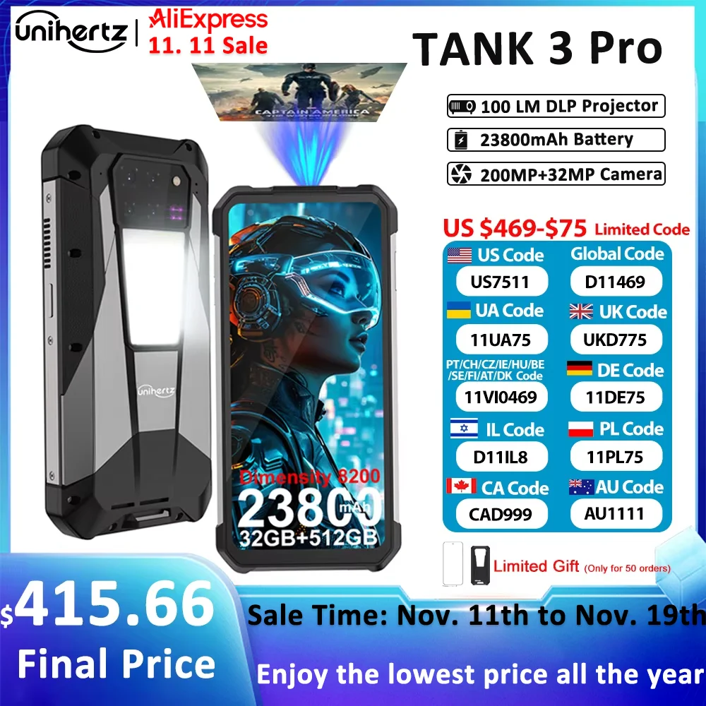 

Unihertz Tank 3 Pro 8849 Rugged 5G Smartphone Android with 100 Lumens Projector 32GB 512GB 23800mAh 6.79" FHD Waterproof Phone