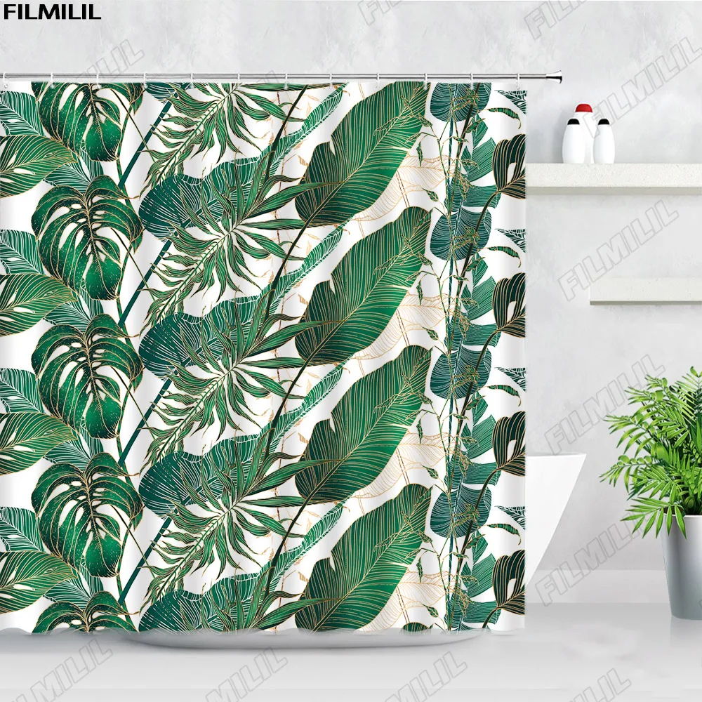 Rideaux de douche en tissu d'art aquarelle moderne, plantes tropicales, cuir chevelu de palmier, feuilles vertes, colibri, ensembles de rideau de bain HODecor