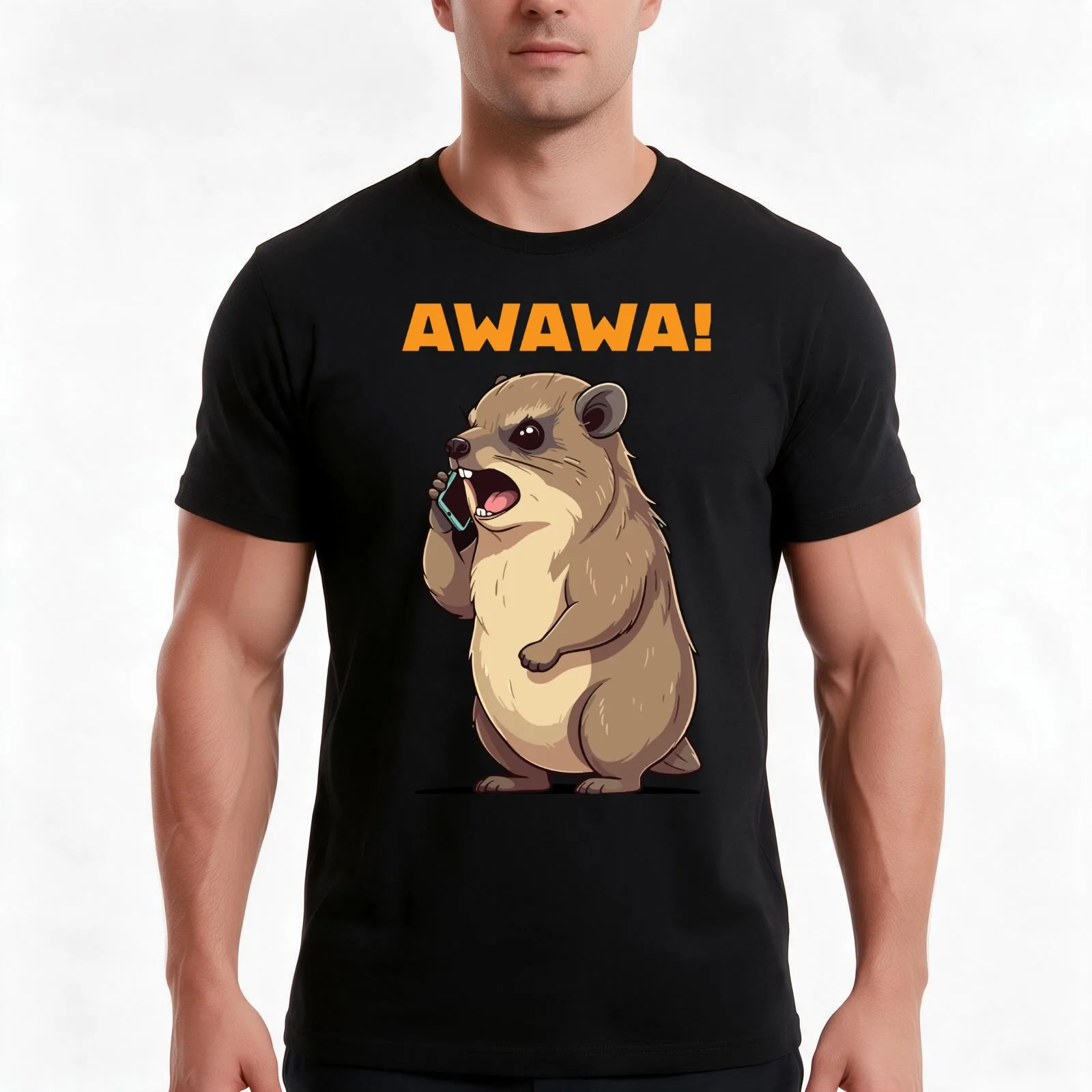 Rock Hyrax Awawa Funny On Phone Groundhog Dassi T-Shirt Summer Casual Cotton Tee Oversized Streetwear Tops Unisex Men Women