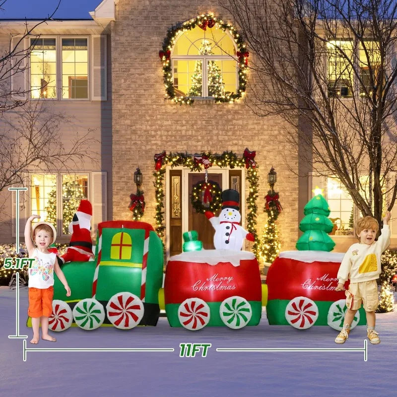 11 FT Christmas Inflatables Decorations Outdoor，Santa Christmas Driving Train Transporting Snowman and Christmas Tree with Built