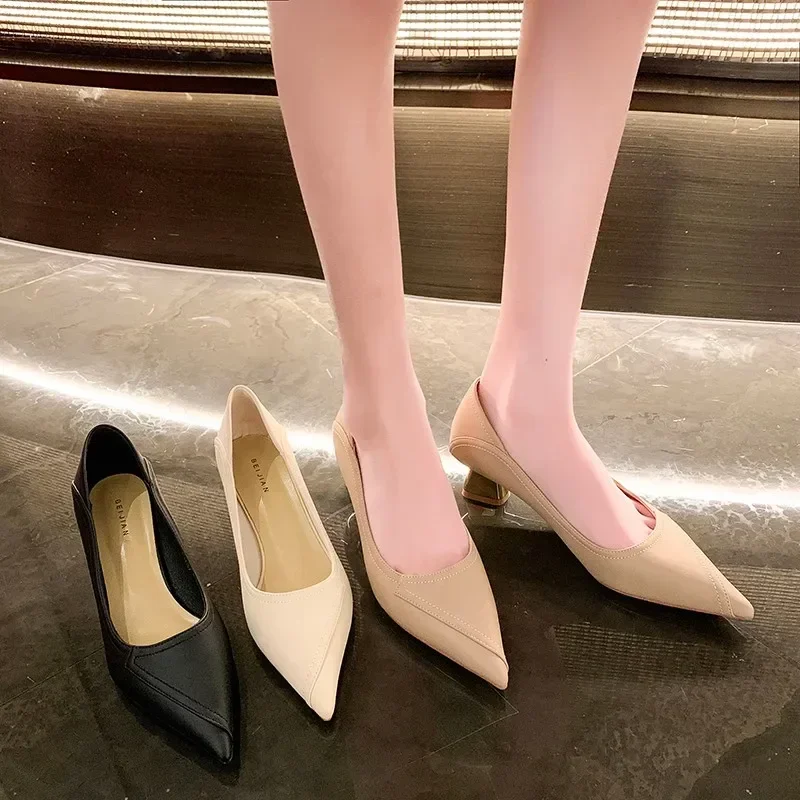 2024 New Pointed French Low Heel Shoes, Female Celebrity  Spring and Autumn Season  Light Mouth Style Fashion High Heel Shoes