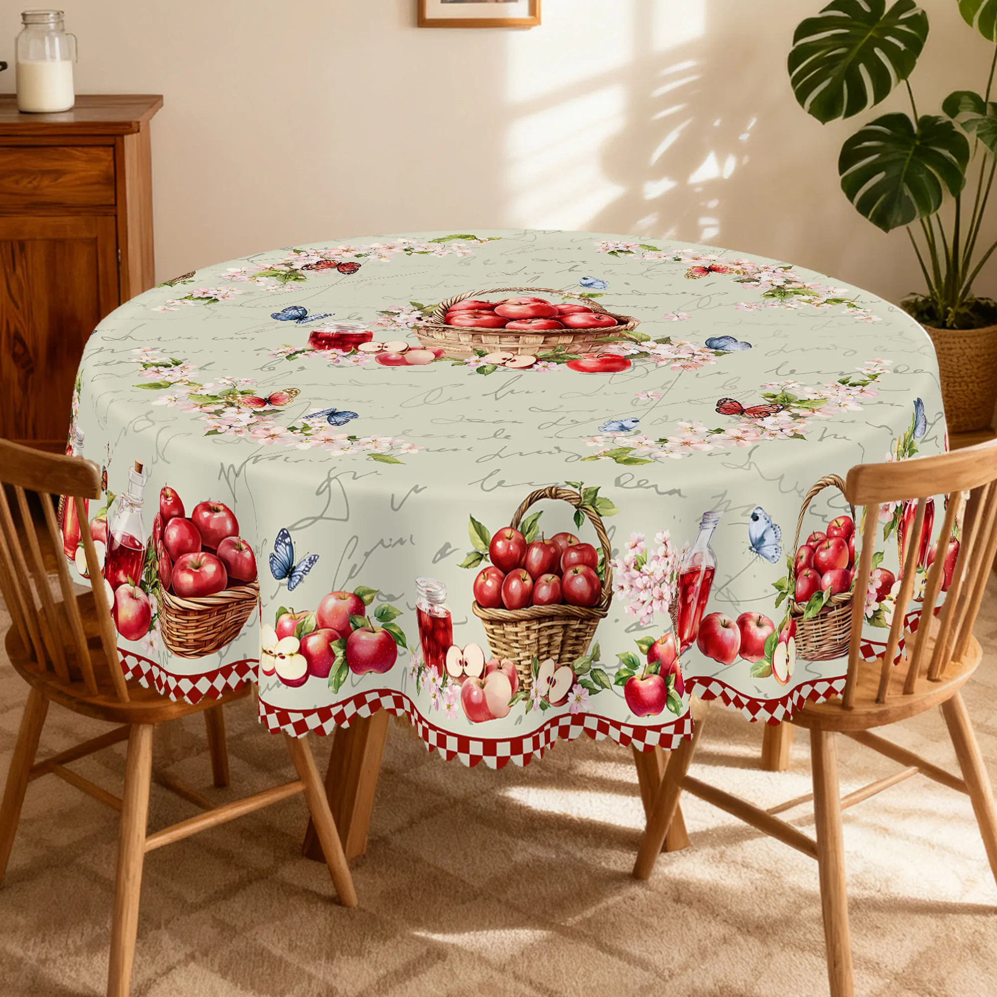 1 pieza de mantel de primavera/verano con estampado de manzanas en formas redondas y rectangulares, disponible en varios