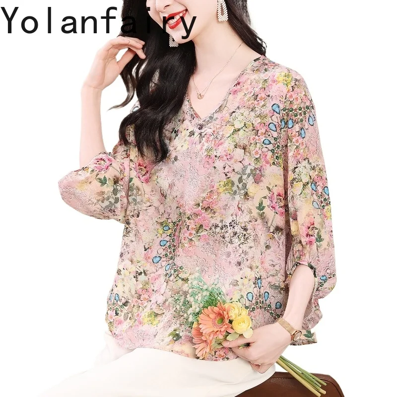 

YOLANFAIRY 100% Real Mulberry Silk Blouse for Woman Elegant Summer High-end Loose Womens Tops Fashion Shirts and Blouses Floral