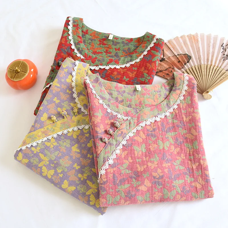 Summer Jacquard Cotton Gauze Home Wear Lace Round Collar Cute Chinese Style Long-sleeved Women's Pajamas Set