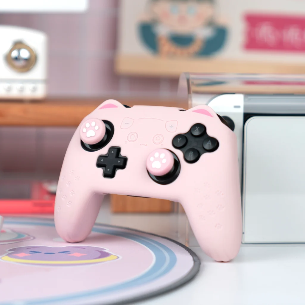 Gato pata rosa silicone capa macia adesivo pele para nintendo switch pro sony dualsense 5 ps5 controlador caso polegar vara aperto boné