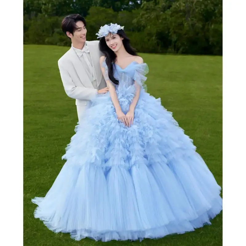 Blue Colored Chiffon Strapless Wedding Dress Bride's Three-dimensional Flower Heavy Style Cake Fluffy Trailing Skirt  Customized