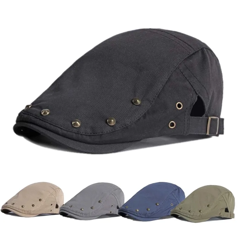 

Cotton Spring Summer Solid Color Rivet Newsboy Caps Breathable Holes Visor with Side Buckle Men and Women Painter Beret Hats