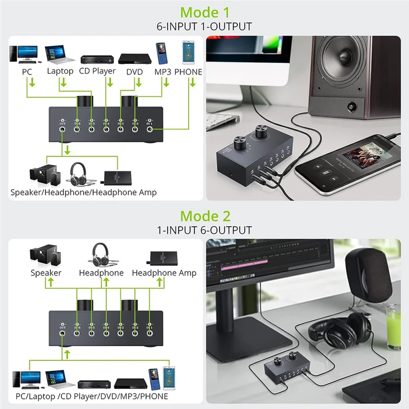 6 Ports 3.5mm Audio Switch Bidirectional 3.5mm Audio Switcher Support 1 in 6 Out or 6 in 1 Out,for PC Phone Headphone