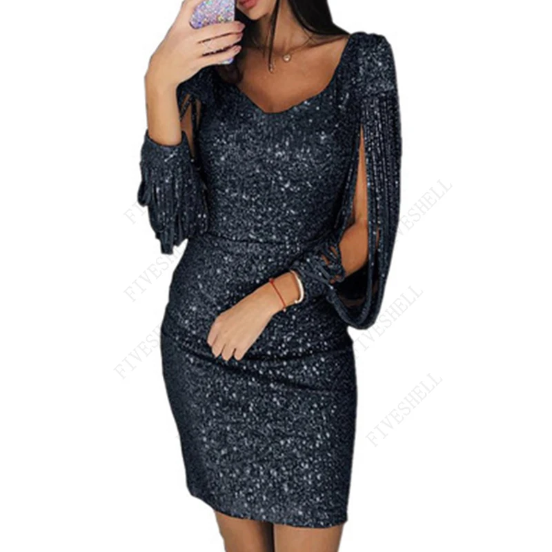 Spring Plus Size Dresses for Women Y2K  V-neck Tassel Bag Hip Vestidos Sequins Flapper Design Fashion Party Costumes