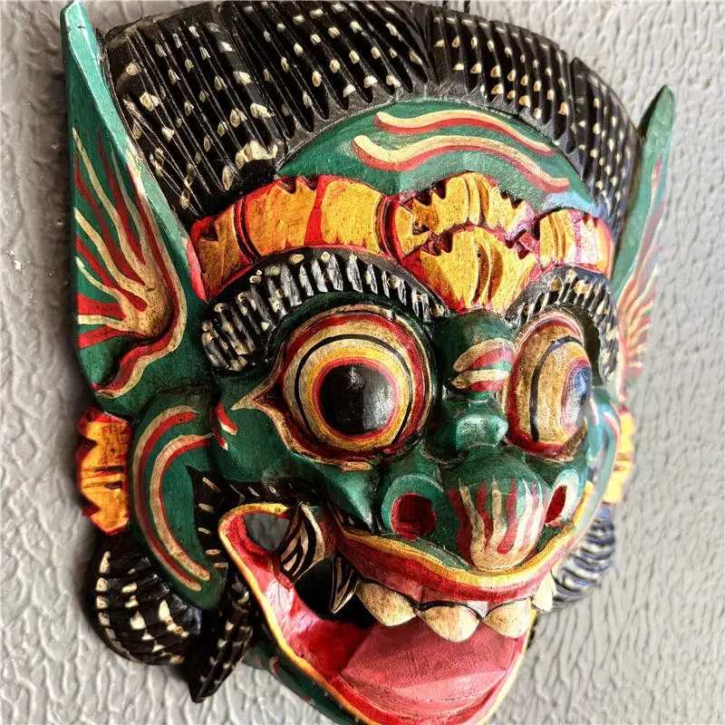 Bali Style Wooden Mask Wall Decor, Hand Carved Hanging Ornament for Hotel, Rustic Bar Art Plaque, Exotic Home Wall Hanging