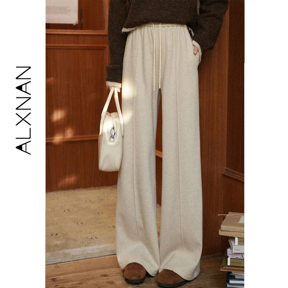 ALXNAN Oat Pants Women 2026 Autumn Winter Straight Casual High Waist Wool Wide Leg Baggy Pants Fashion Female Trousers L68550