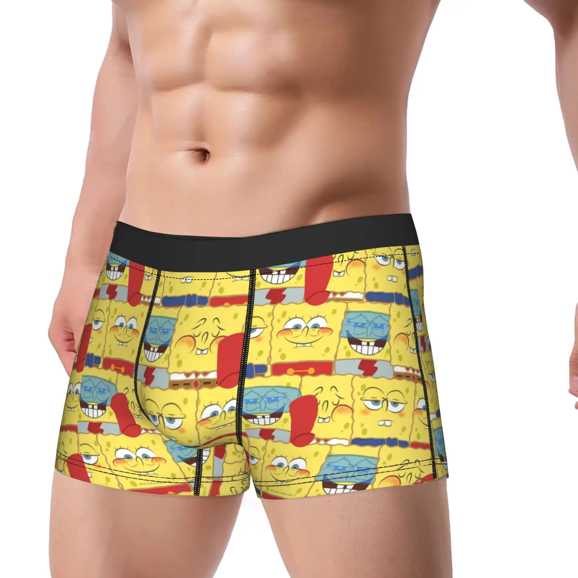 SpongeBobs Color Block Sponge Pattern Underwear  Male Panties Customs Breathable Boxer Shorts Trenky Boxer Brief Big Size