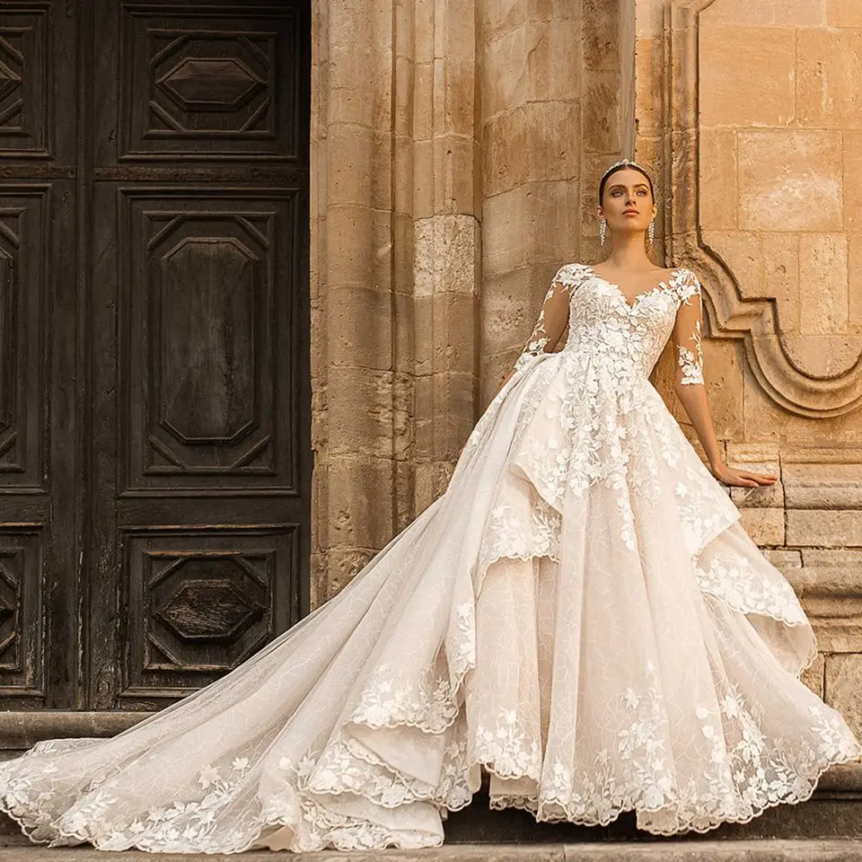 Elegant A-Line Half Sleeves Wedding Dresses 2026 Lace Appliques V-Neck Bridal Gowns Illusion Back Court Train Vestido De Novia