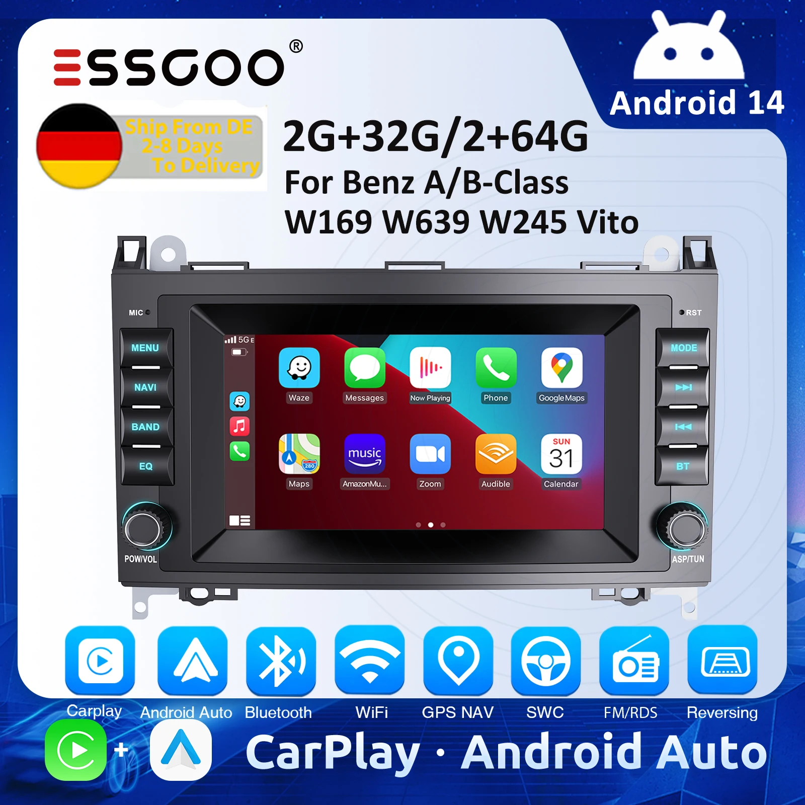 ESSGOO Android 14 Autoradio Für Benz A/B Klasse W169 W639 Vito Drahtlose Carplay Auto 2 Din GPS