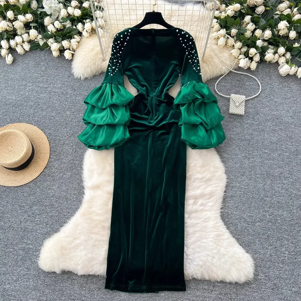 Robe de Soirée Élégante en Velours Vintage à Col Rond, Tenue Chic avec Perles Brodées, Slim et Fendue, Vêtement de Grande Taille