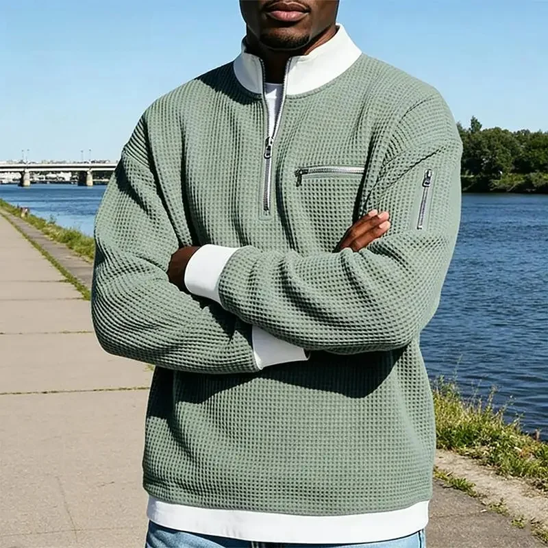 

2026 Spring Fall New Casual Mens Waffle Tops Long Sleeve Zipper Stand Collar Sweatshirt For Men Daily Leisure Loose Pullovers
