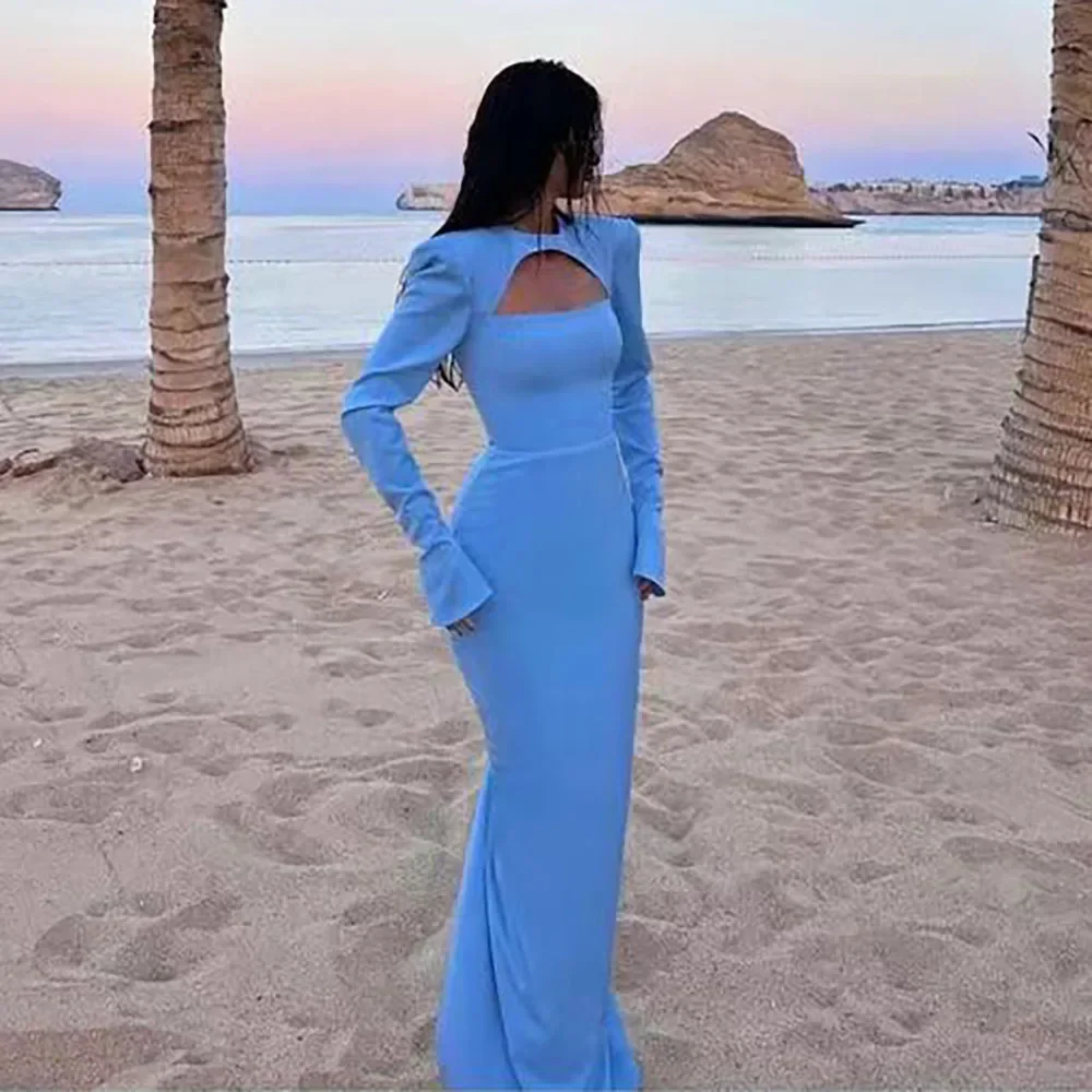 Simple Long Sleeve Solid Color Evening Dress Chic O-Neck Floor Length Straight Prom Party Casual Beach Pretty Women Dresses