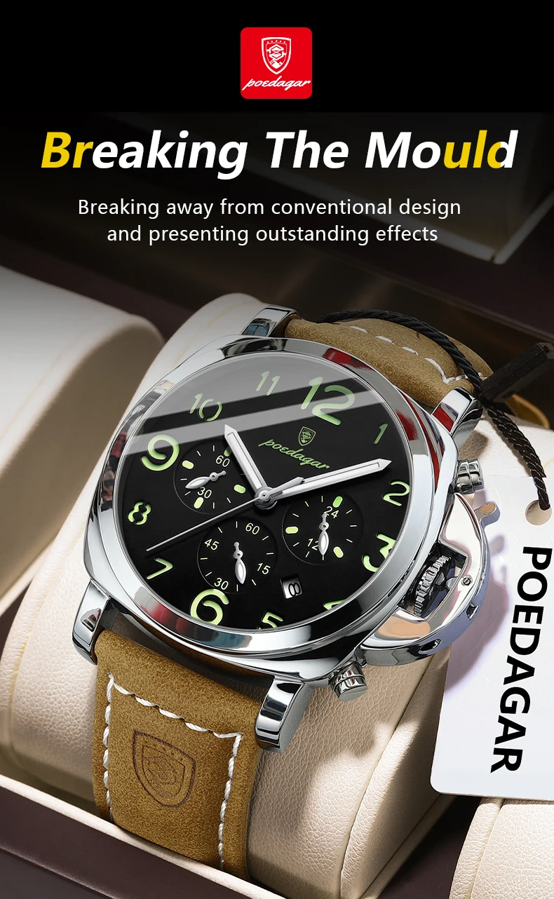 POEDAGAR Mode Luxus Männer Armbanduhr Wasserdicht Leucht Chronograph Datum Mann Uhr Einzigartige Sport Leder Quarz herren Uhren – Detail 4