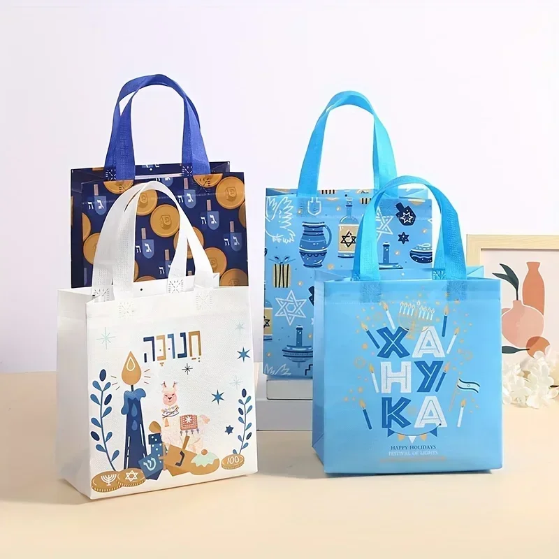 24pcs Hanukkah Gift Bags Non-woven Fabric Blue Packaging Bag Star Pattern Durable Handles Party Favors Gift Wrapping Supplies