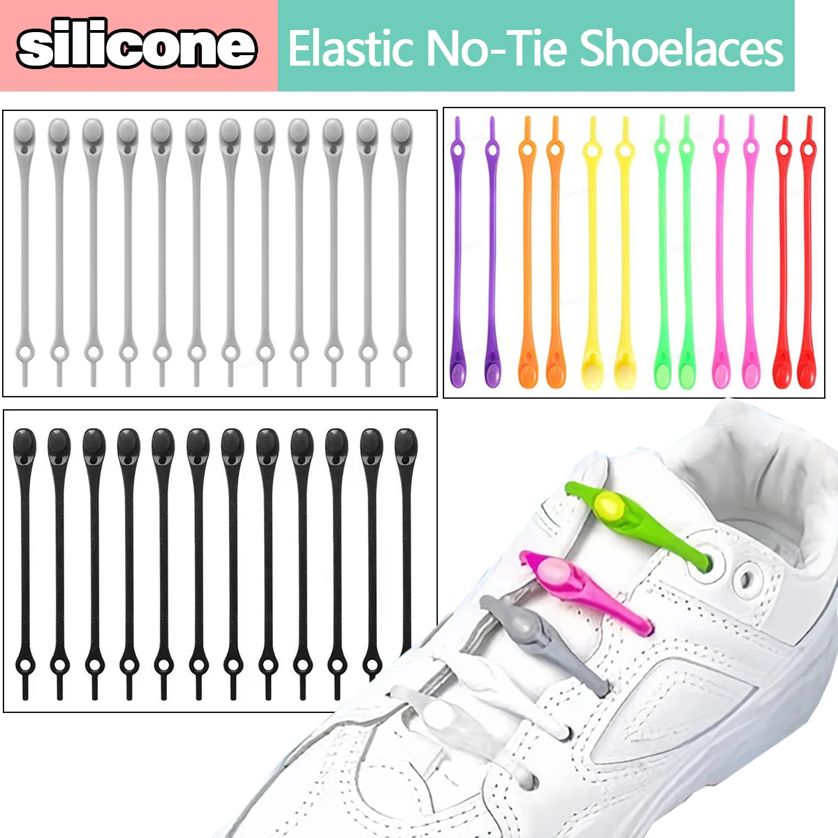 Adult & Kids No-Tie Elastic Shoelaces, Rubber & Silicone Lazy Laces for Sports Shoes, Elderly Friendly Shoe Straps（12pcs）