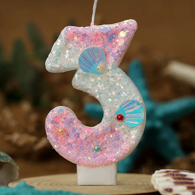 2025 그라데이션 핑크 쉘 숫자 양초 펄 장식 생일 케이크 토퍼 그라데이션 핑크 테마 도매 공급