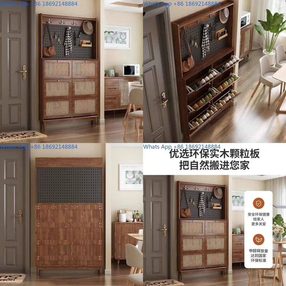 Walnut Thin Flip Shoe Cabinet for Home Entryway Narrow Wall Mounted with Coat Rack American Style New Design