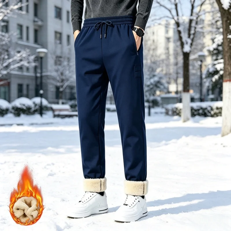Winter men's warm long pants, autumn and winter style, lambswool casual pants, men's windproof large size, men's winter clothing