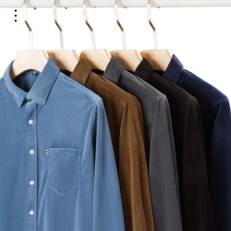 Plus Size S~5XL Corduroy Shirt Men Casual Long Sleeve Regular Fit Business Dress Shirts For Male Soft Leisur Comfortable Pocket