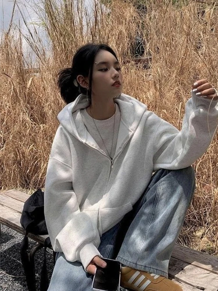 Women's Autumn Original US Vintage High Street Oversized Hooded Sweatshirt Lazy Style Zipper Coat Chic
