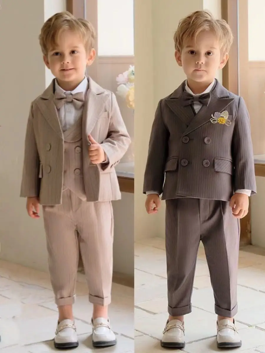 Boys Formal Khaki Tuxedo Dress School Performance Clothing Set Kids Wedding Photography Suit Children Birthday Gift Set Costume